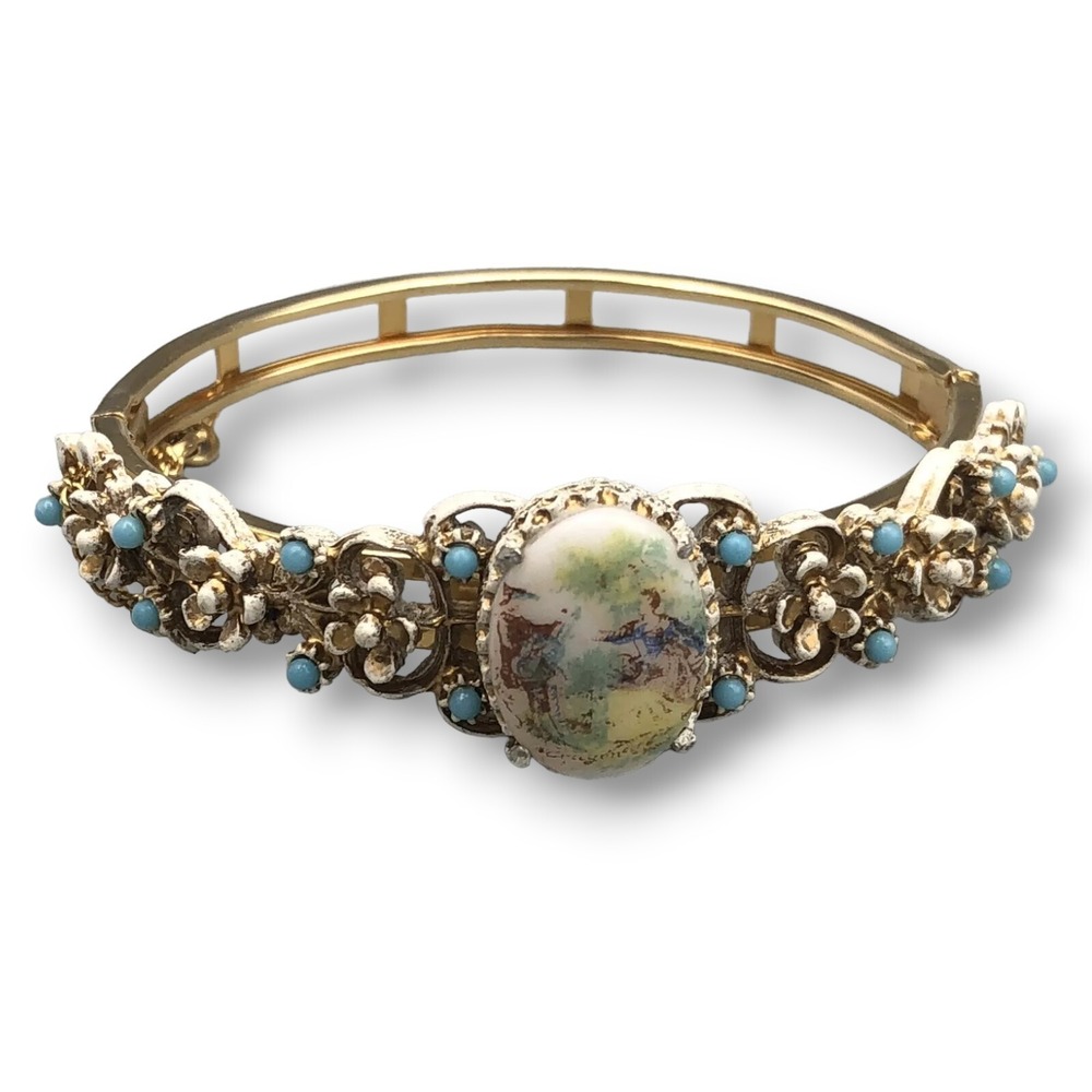 Vintage FLORENZA Hinged Bracelet Cameo Faux Turquoise Gold Tone Art Deco Bangle
